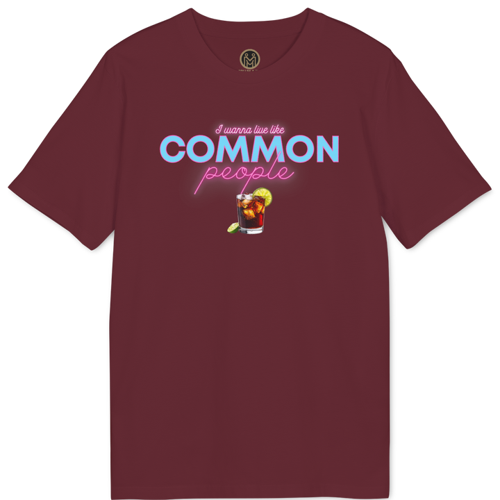 A maroon short-sleeve crewneck t-shirt with a graphic on the chest that reads &