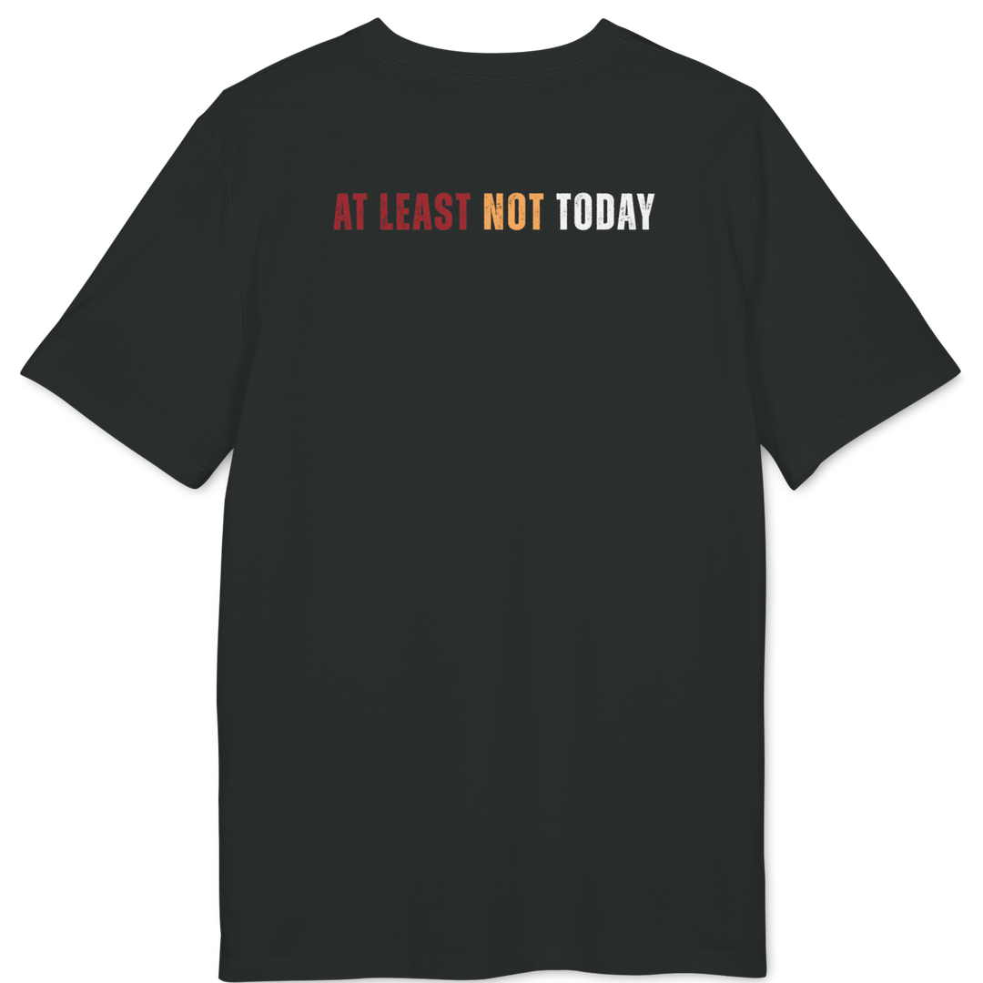 A black short-sleeve t-shirt with the text &