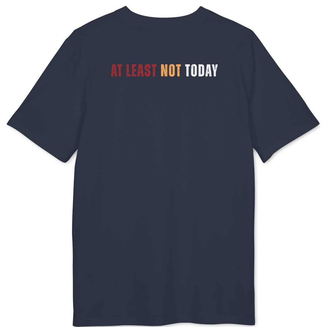 A navy blue short-sleeve t-shirt with the text &