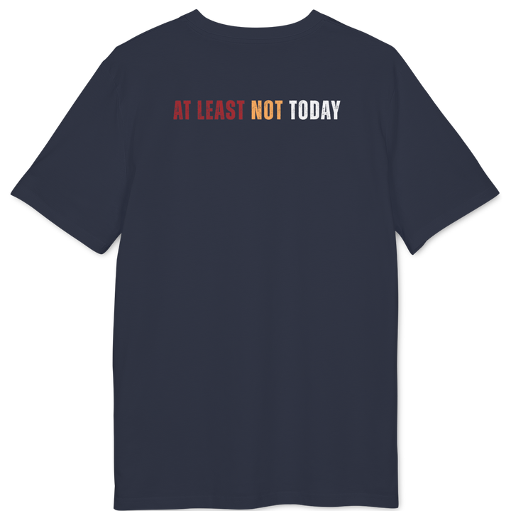 A navy blue short-sleeve t-shirt with the text &
