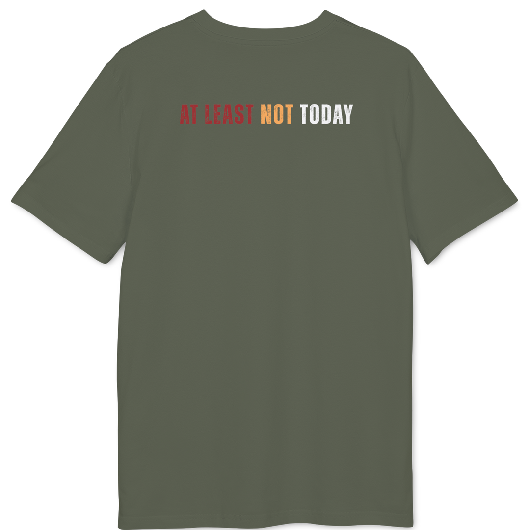 An olive green short-sleeve t-shirt with the text &