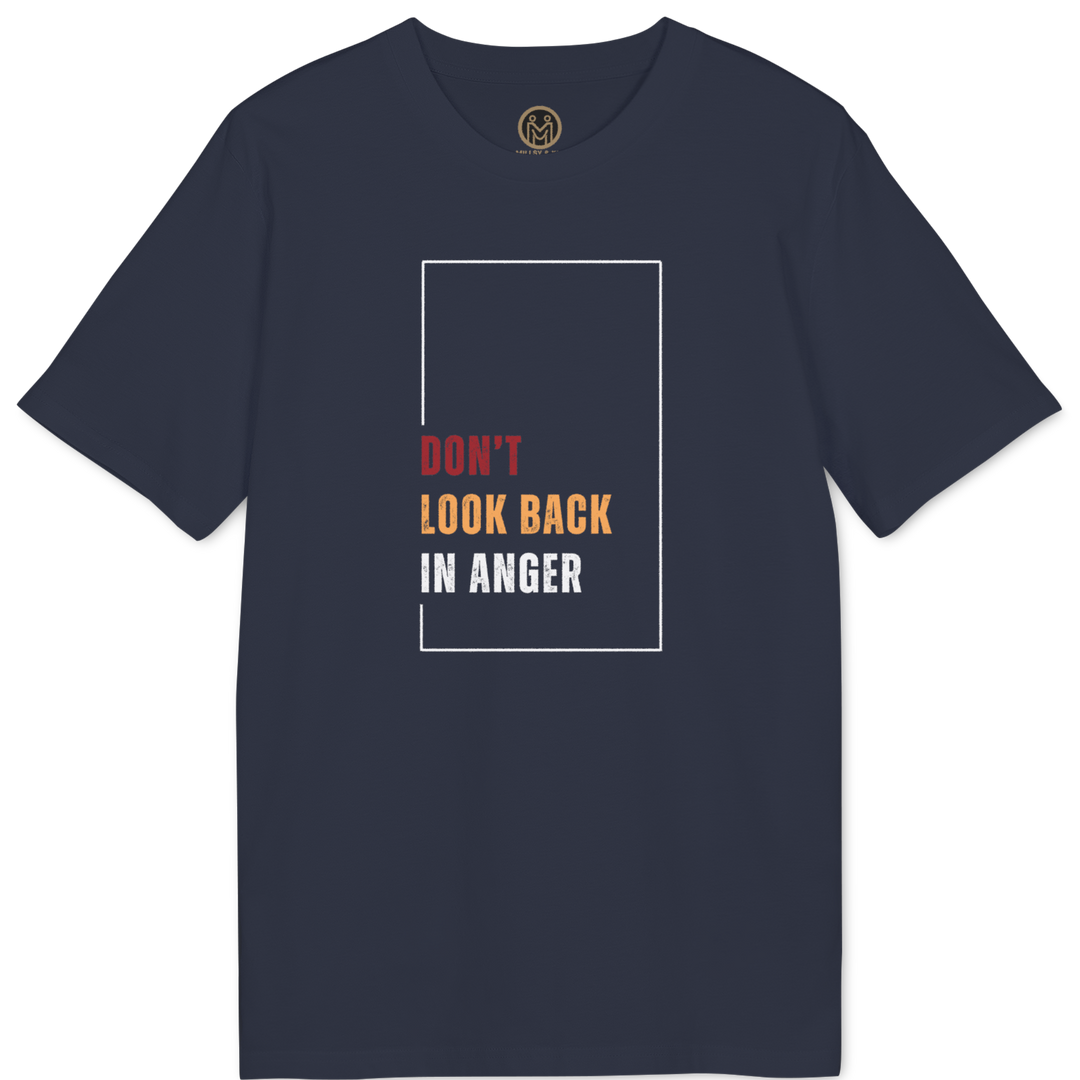 A navy blue short-sleeve t-shirt with a graphic on the chest that reads &