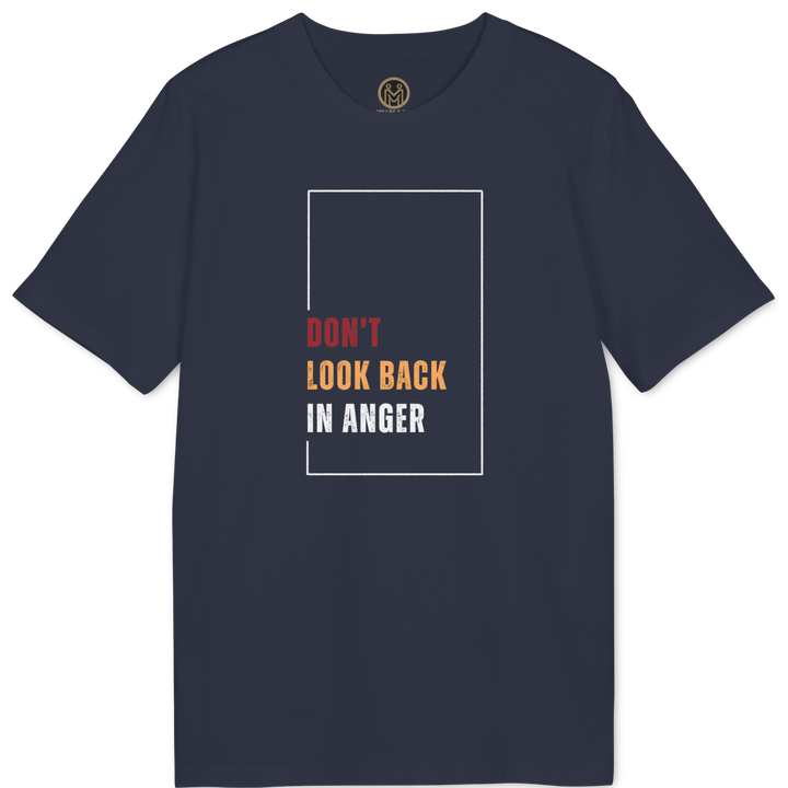 A navy blue short-sleeve t-shirt with a graphic on the chest that reads &