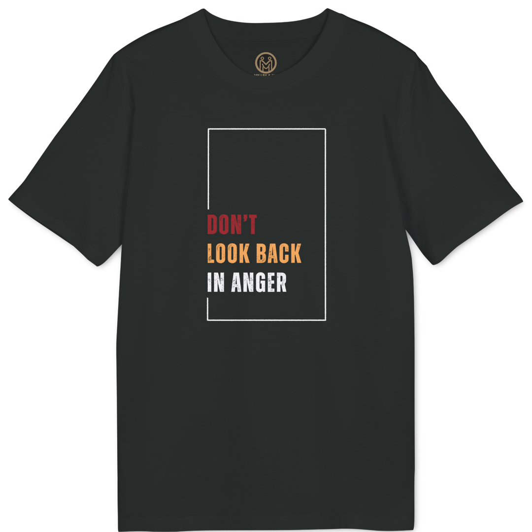 A black short-sleeve t-shirt with a graphic on the front that reads &