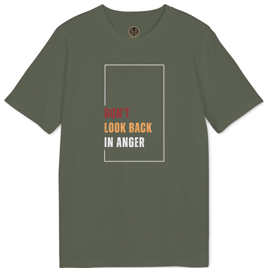 An olive green short-sleeve t-shirt with a graphic on the chest that reads &