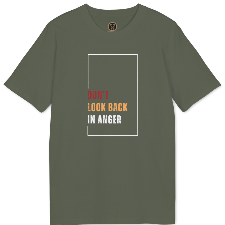 An olive green short-sleeve t-shirt with a graphic on the chest that reads &