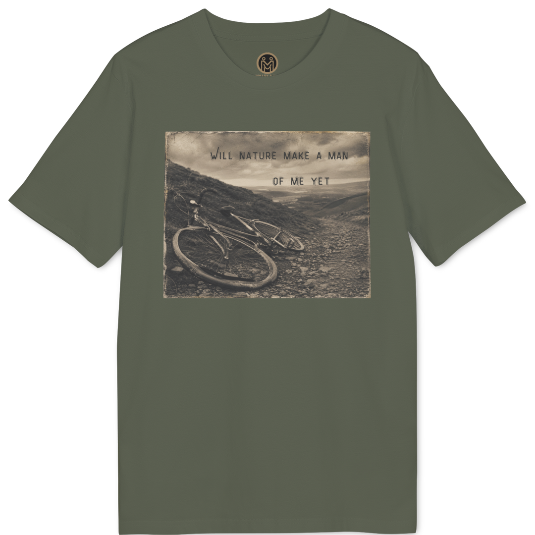 An olive green short-sleeve t-shirt with a rectangular sepia-toned graphic print on the chest showing two bicycles on a mountain path with the text &