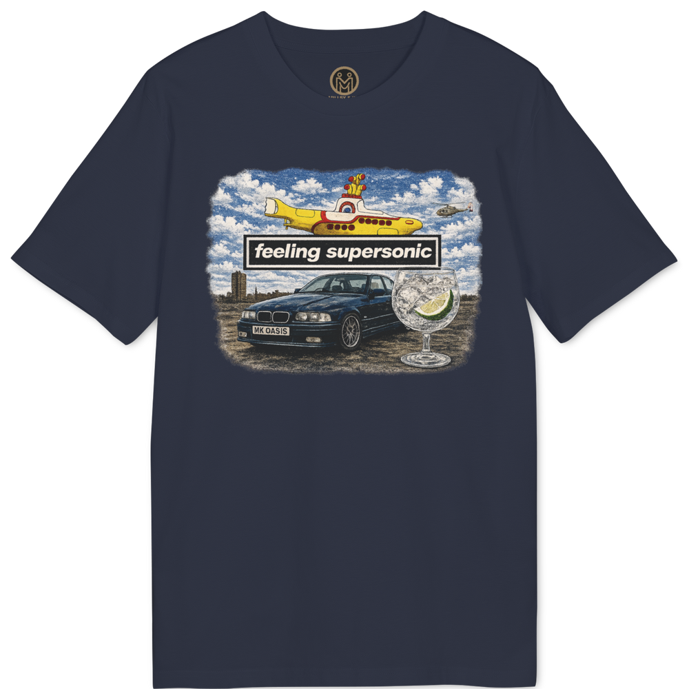 A navy blue short-sleeve t-shirt with a colorful graphic print on the front featuring a car, a yellow subterranean vehicle, and the text 'feeling supersonic'.