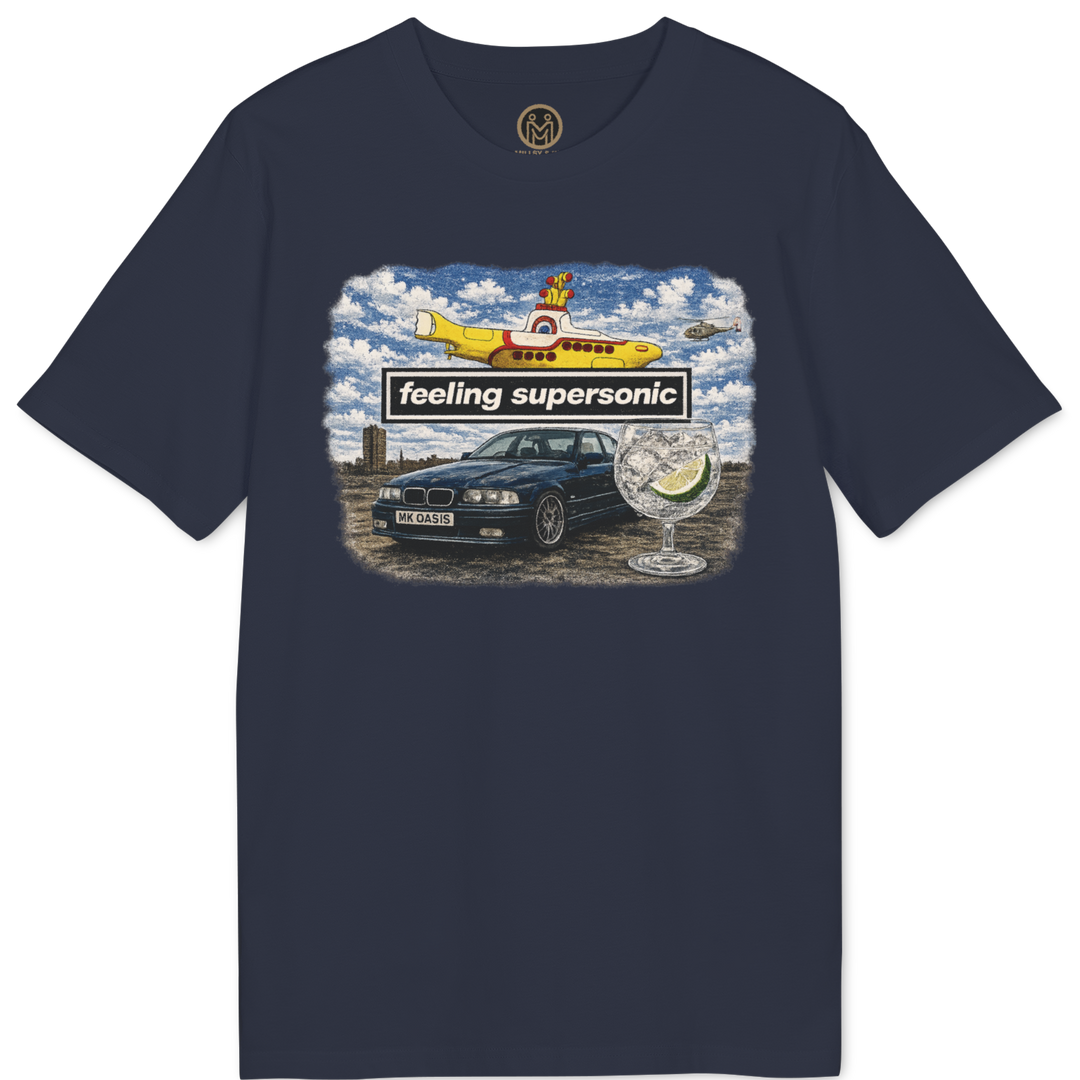 A navy blue short-sleeve t-shirt with a colorful graphic print on the front featuring a car, a yellow subterranean vehicle, and the text &