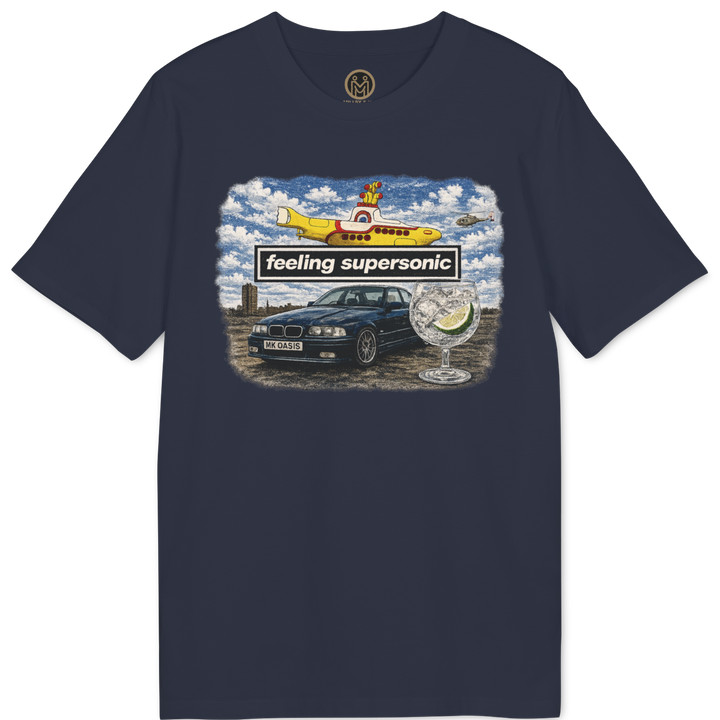 A navy blue short-sleeve t-shirt with a colorful graphic print on the front featuring a car, a yellow subterranean vehicle, and the text &