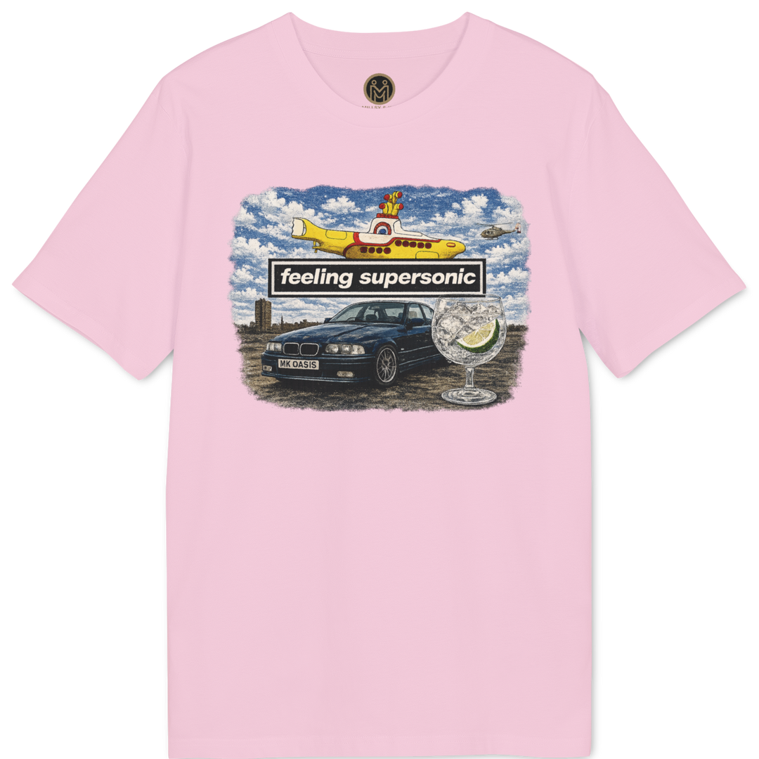 A light pink short-sleeve crewneck t-shirt featuring a vintage-style graphic print on the chest with a yellow car, a sign reading &