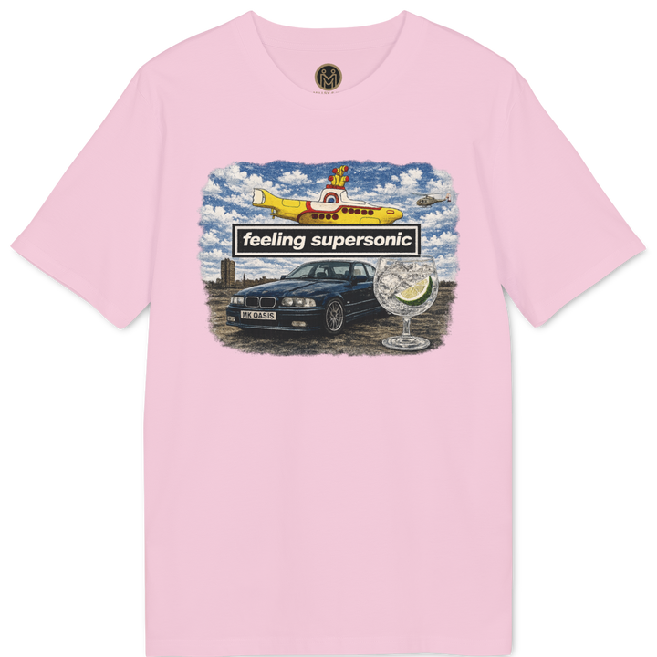 A light pink short-sleeve crewneck t-shirt featuring a vintage-style graphic print on the chest with a yellow car, a sign reading &