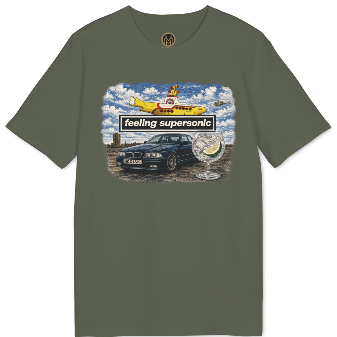 An olive green short-sleeve t-shirt with a colorful graphic print on the chest featuring a yellow subterranean vehicle, a black car, and the text &