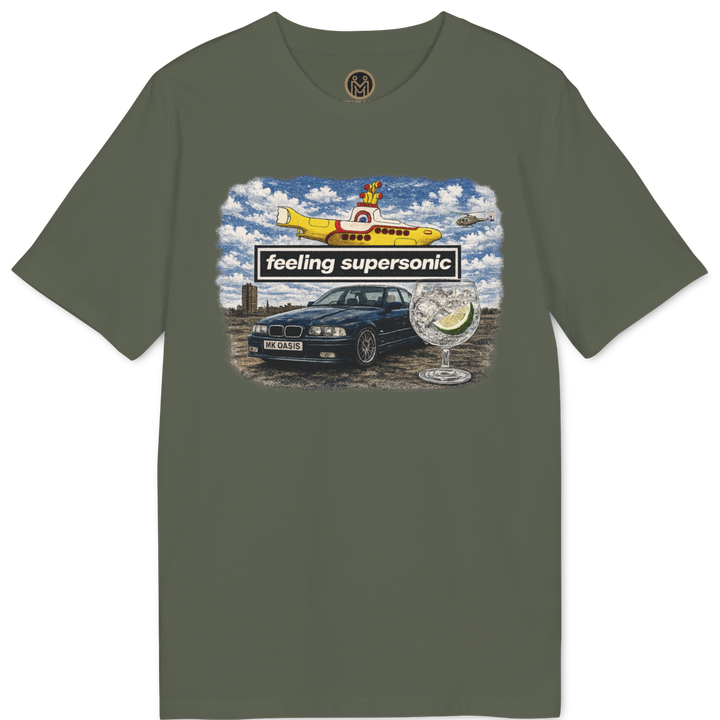 An olive green short-sleeve t-shirt with a colorful graphic print on the chest featuring a yellow subterranean vehicle, a black car, and the text &