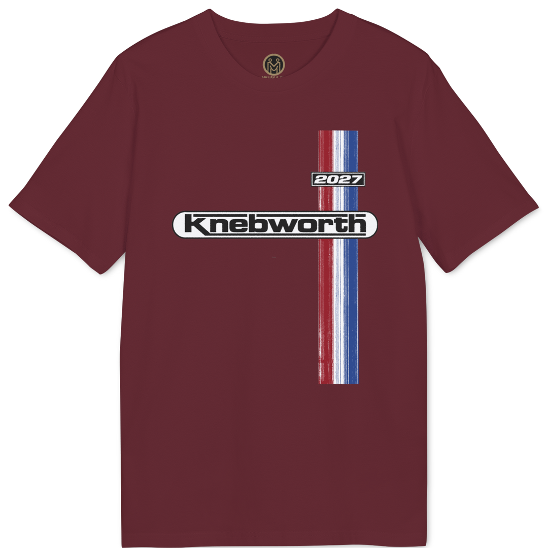 A maroon short-sleeve t-shirt with a &