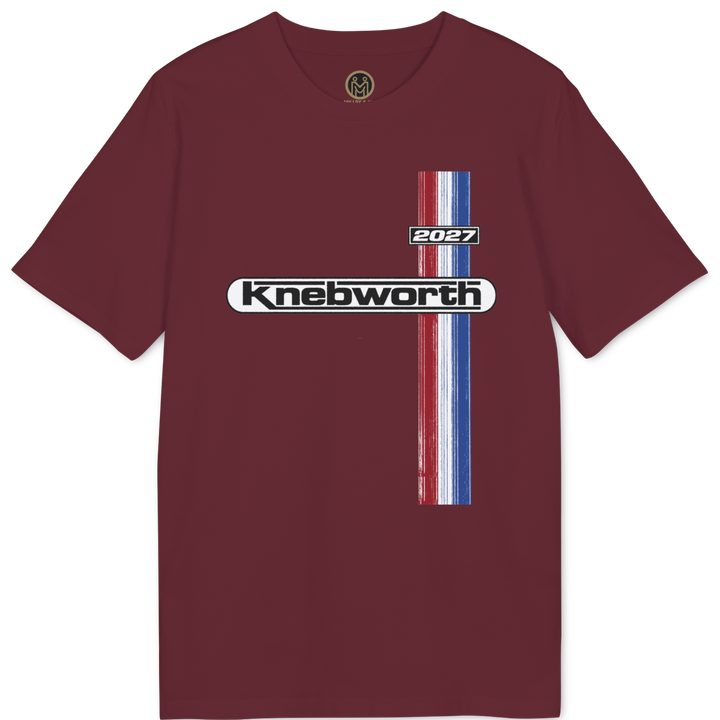 A maroon short-sleeve t-shirt with a &