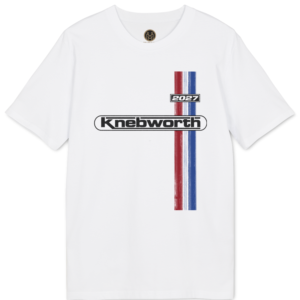 A white short-sleeve crewneck t-shirt featuring a vertical graphic on the chest with a red and blue stripe design, a small '2027' label, and the word 'Knebworth' in a black-outlined badge.