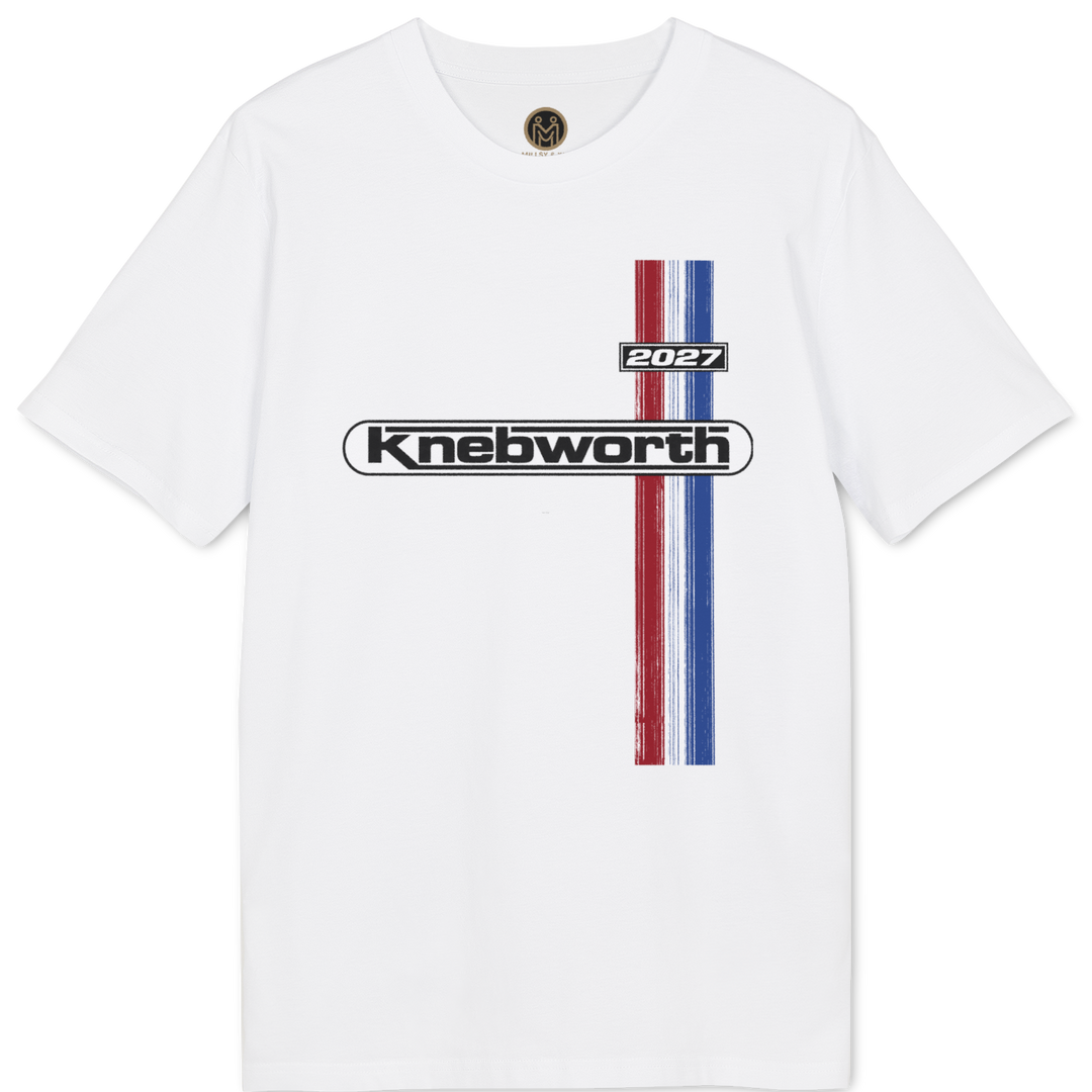 A white short-sleeve crewneck t-shirt featuring a vertical graphic on the chest with a red and blue stripe design, a small &