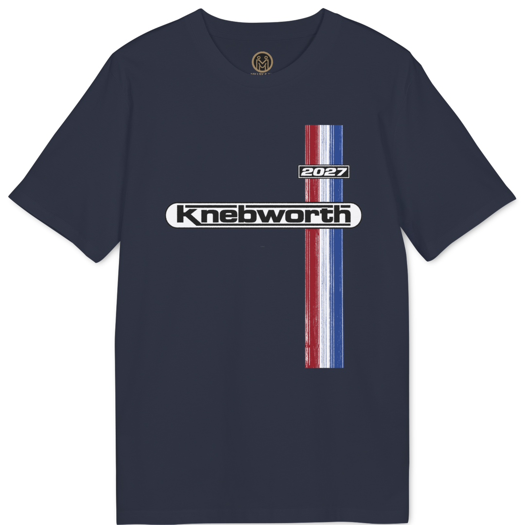 A navy blue short-sleeve t-shirt with a vintage-style graphic on the chest featuring a vertical red, white, and blue striped bar and the text &