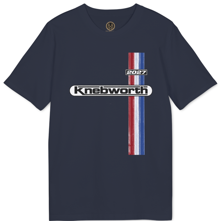 A navy blue short-sleeve t-shirt with a vintage-style graphic on the chest featuring a vertical red, white, and blue striped bar and the text &