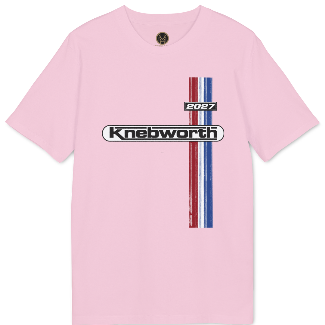 A light pink short-sleeve t-shirt with a graphic on the chest featuring the word &