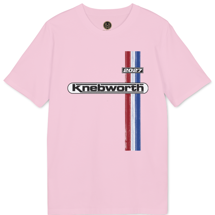 A light pink short-sleeve t-shirt with a graphic on the chest featuring the word &