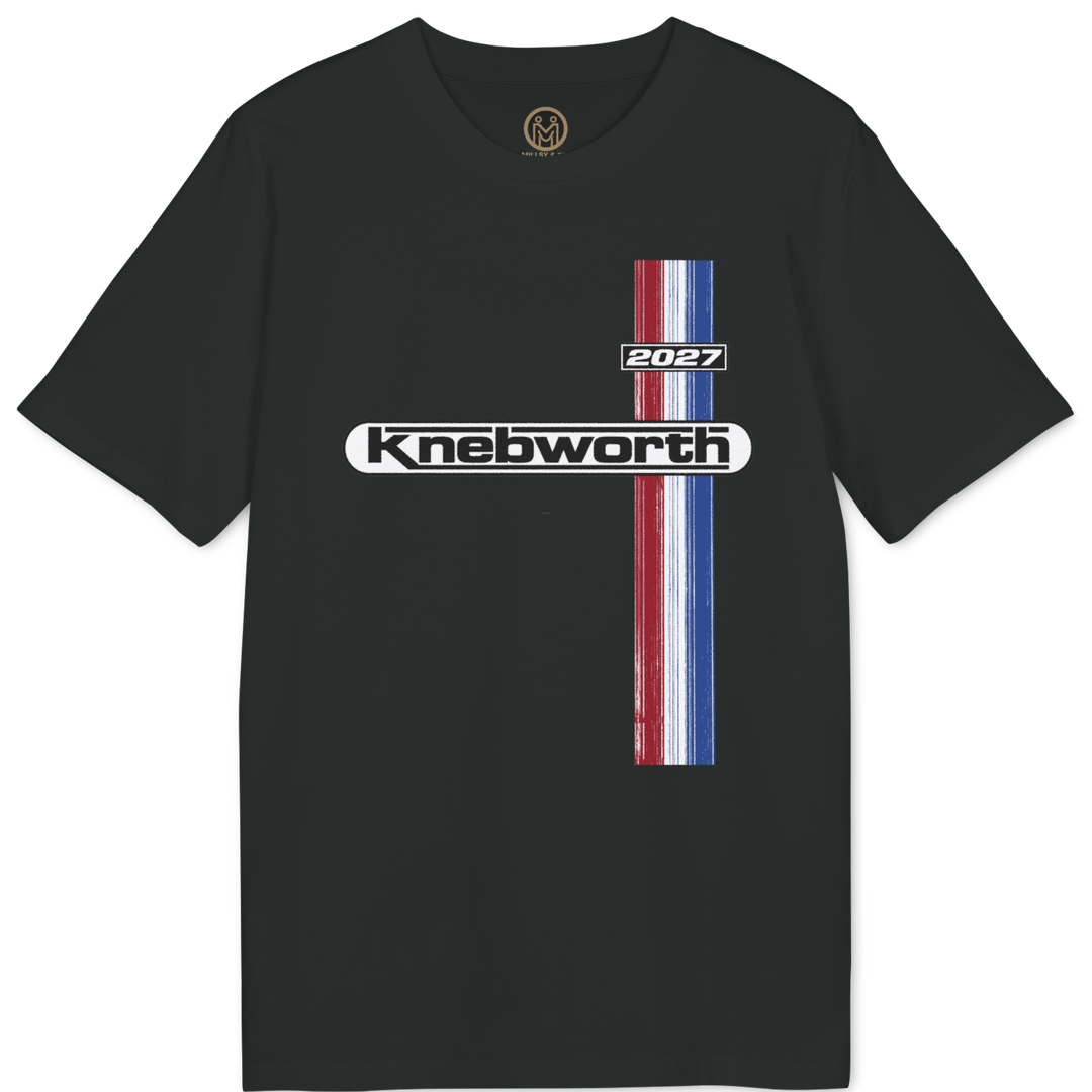 A black short-sleeve t-shirt with a vintage-style graphic on the chest featuring a vertical red, white, and blue striped bar and the text &