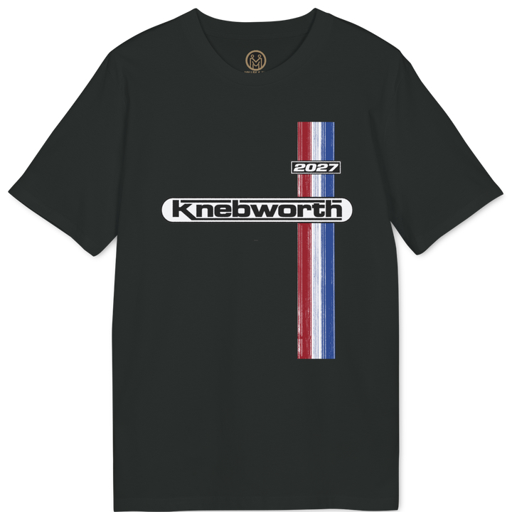 A black short-sleeve t-shirt with a vintage-style graphic on the chest featuring a vertical red, white, and blue striped bar and the text &