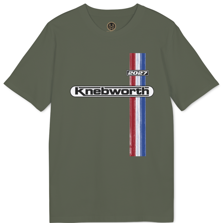 An olive green short-sleeve t-shirt with a front graphic featuring the text &