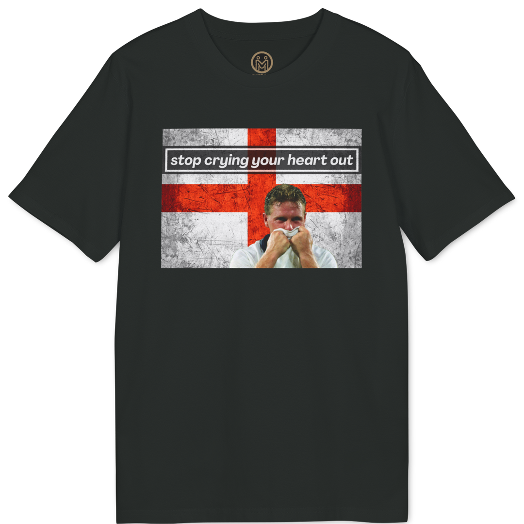A black short-sleeve t-shirt with a graphic print on the front featuring the English flag and a crying man, with the text 'stop crying your heart out' across the chest.