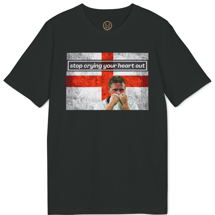 A black short-sleeve t-shirt with a graphic print on the front featuring the English flag and a crying man, with the text &