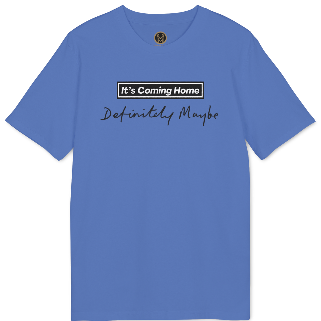 A blue short-sleeve t-shirt with a graphic on the chest that reads &