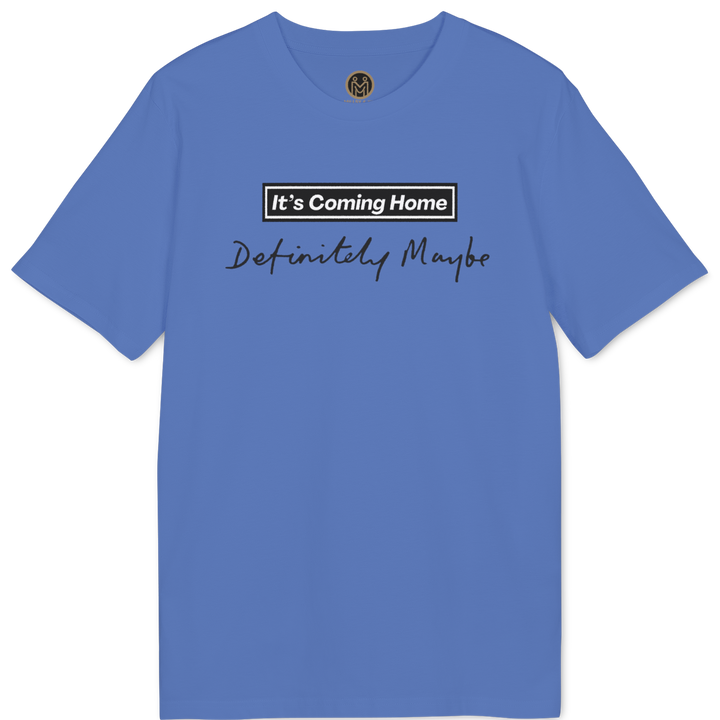 A blue short-sleeve t-shirt with a graphic on the chest that reads &