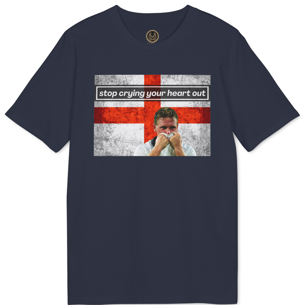 A navy blue short-sleeve t-shirt with a graphic print on the front. The graphic features a distressed red and white St.