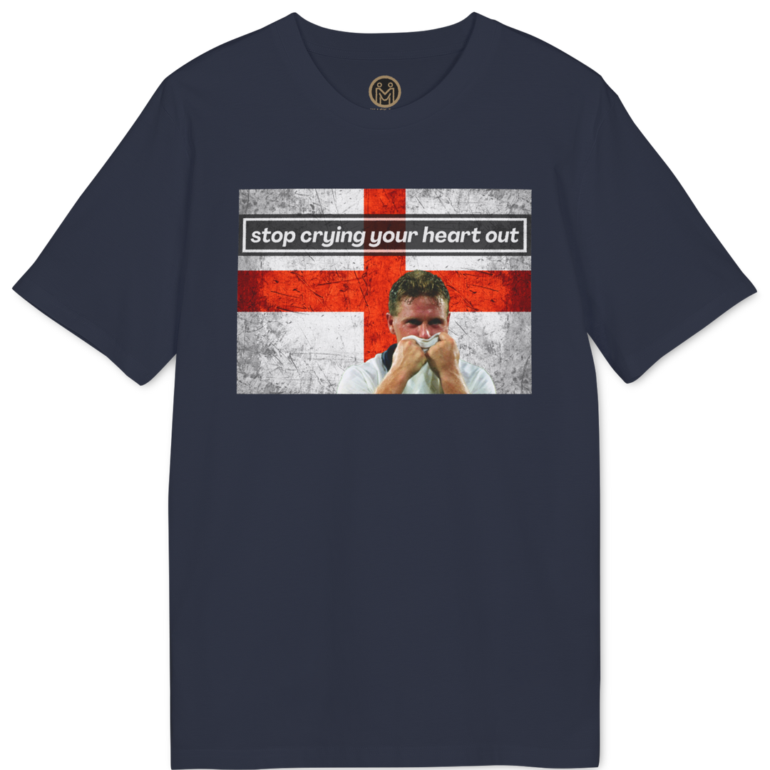 A navy blue short-sleeve t-shirt with a graphic print on the front. The graphic features a distressed red and white St.