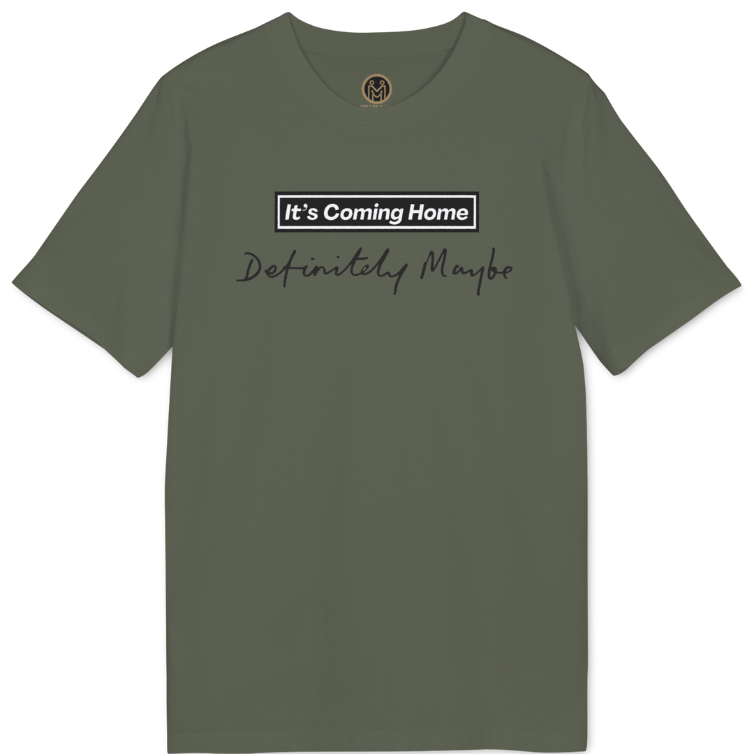 An olive green short-sleeve t-shirt with a graphic on the chest that reads &