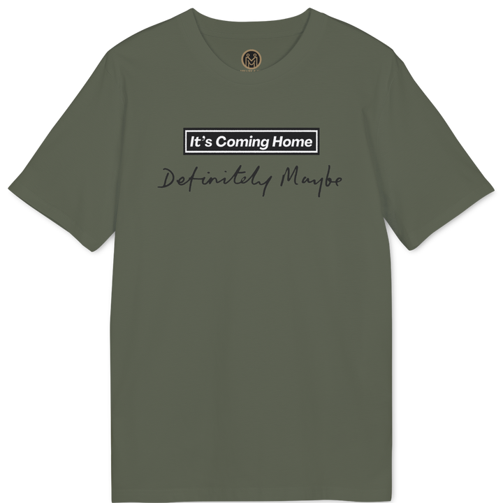 An olive green short-sleeve t-shirt with a graphic on the chest that reads &