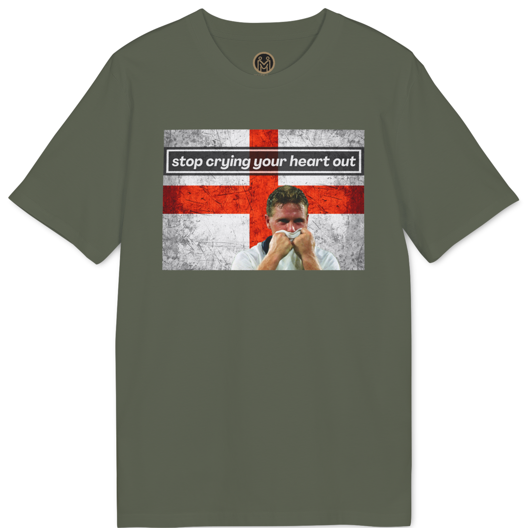 An olive green short-sleeve t-shirt with a graphic print on the front. The graphic features a distressed red and white St.