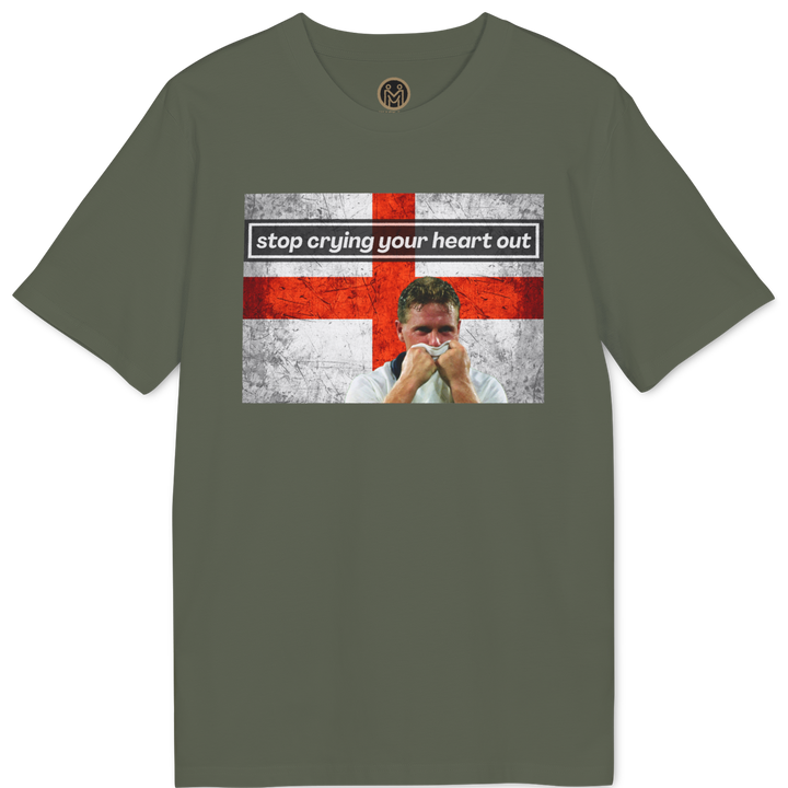 An olive green short-sleeve t-shirt with a graphic print on the front. The graphic features a distressed red and white St.