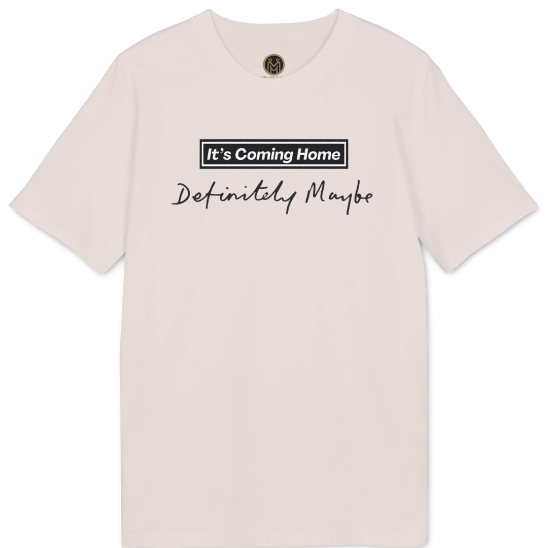 A light pink short-sleeve t-shirt with a graphic print on the chest reading &