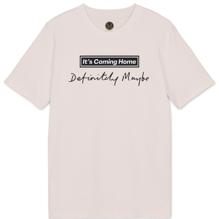 A light pink short-sleeve t-shirt with a graphic print on the chest reading &