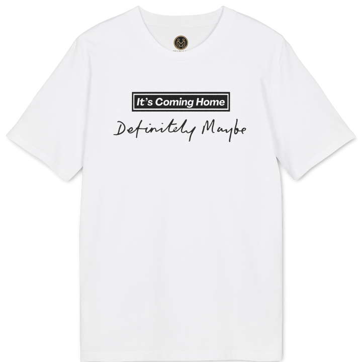 A white short-sleeve crewneck t-shirt with a black graphic print on the chest reading &