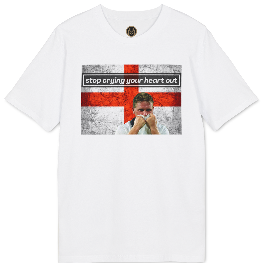 A white short-sleeve crewneck t-shirt featuring a graphic print on the front. The graphic displays a distressed red and white St.