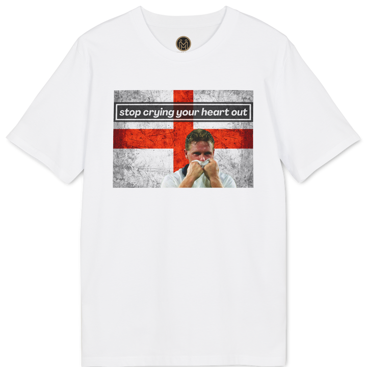 A white short-sleeve crewneck t-shirt featuring a graphic print on the front. The graphic displays a distressed red and white St.